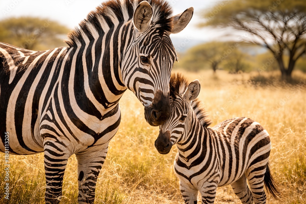 Fototapeta premium A tender moment between a mother zebra and her foal standing close together in the golden light of the African savanna.