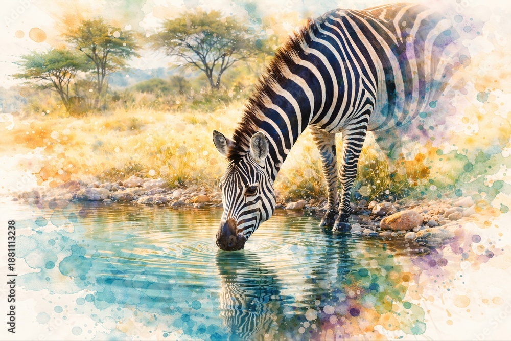 Fototapeta premium Beautiful watercolor painting of a zebra drinking water in the sunny African savanna.