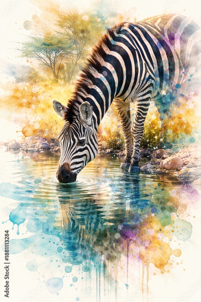 Naklejka premium A stylized watercolor painting of a zebra drinking water from a pool in the African savanna with vibrant, expressive color splashes.