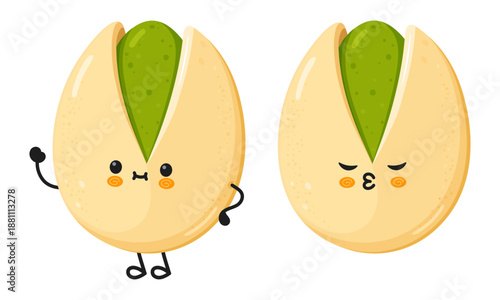 Cute cartoon pistachio nut mascots waving and kissing