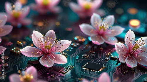 Pink Sakura Cherry Blossoms Blooming on Green PCB Technology Background