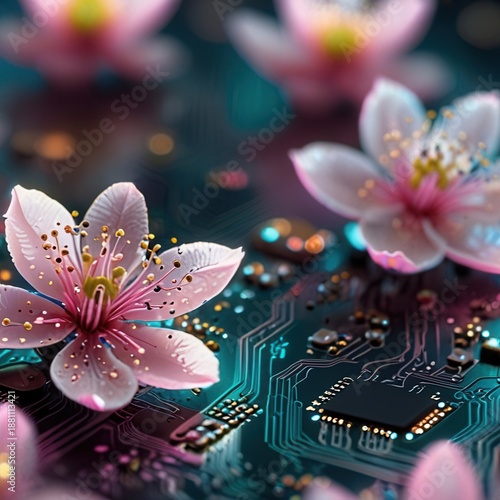 Pink Cherry Blossom Circuit Landscape With Futuristic Computer Chip Board Backdrop