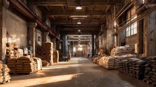 Wallpaper Mural Industrial warehouse with stacked sacks and pallets in sunlit interior Torontodigital.ca
