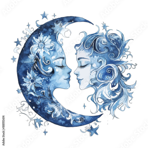 Romantic celestial sun and moon couple illustration with flowers and stars
