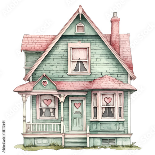 Charming watercolor cottage house decorated with red hearts for Valentine's Day
