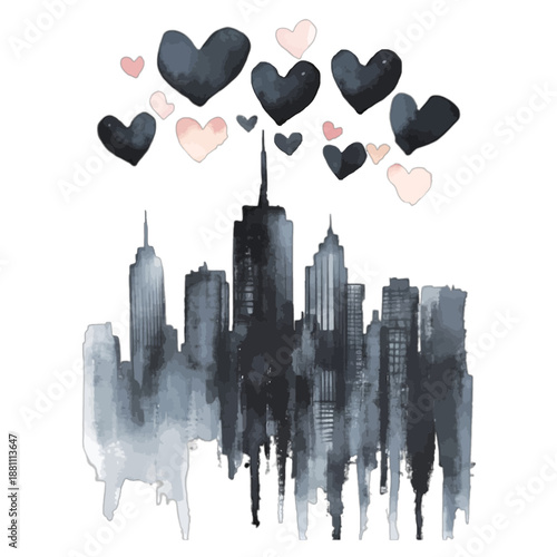 City skyline with floating hearts, New York City illustration
