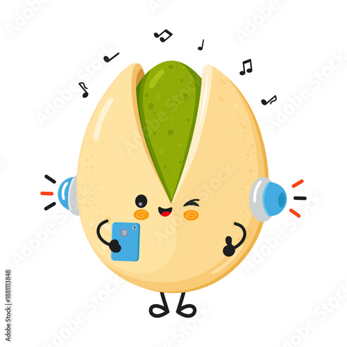 Cute pistachio nut character listening music and winking