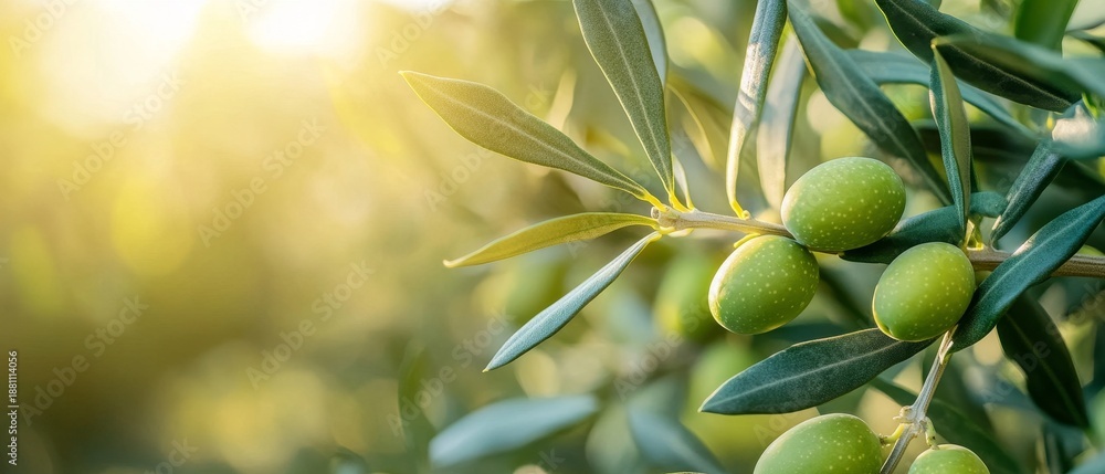 Naklejka premium Beautiful Sunlit Olive Branch Featuring Ripe Green Olives Set in a Vibrant and Picturesque Orchard Scene