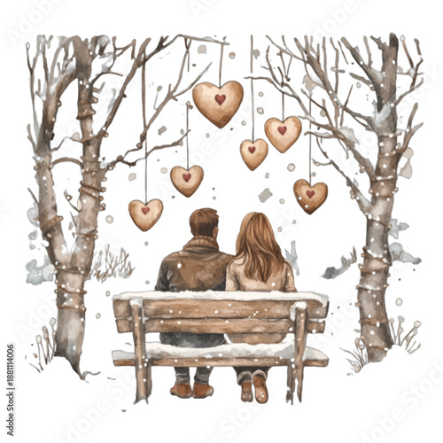 Romantic couple sitting on snowy bench in winter with hanging hearts

