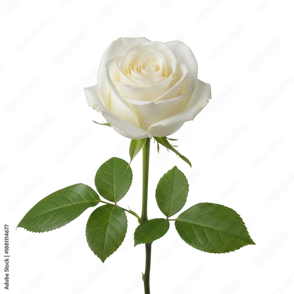 Fototapeta premium Single white rose with green leaves isolated on transparent background