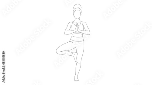 Line art illustration of a person performing the tree pose yoga posture