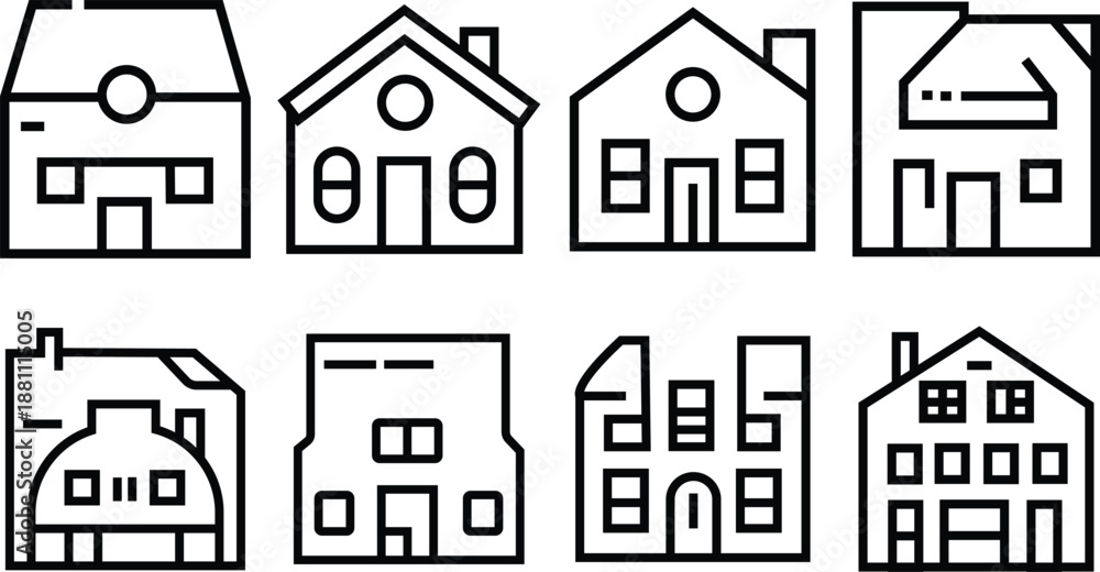 Fototapeta premium Collection of simple black house icons on white background with various architectural styles