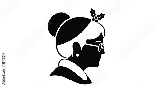 A vintage black and white silhouette of santa's wife with holly and glasses