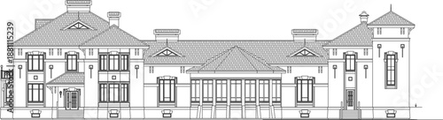 Modern long-form building elevation vector. Contemporary facade with flat roof, panoramic windows, and mixed siding textures. Professional line art.