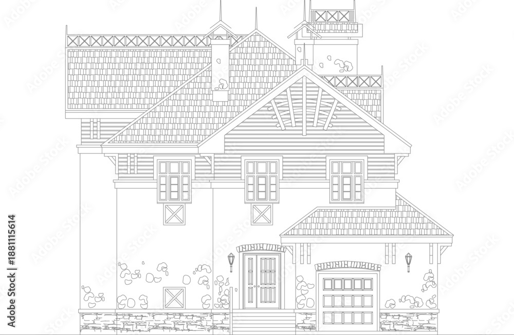 Fototapeta premium Classical European estate elevation vector. Detailed gable roofs, stone textures, and ornate timber accents. Professional architectural line art.