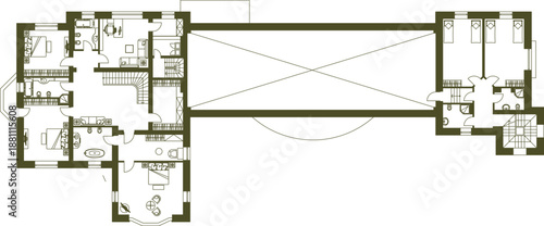 Classical European mansion elevation vector. Features intricate gables, masonry walls, ornate timber accents, and multiple chimneys. Professional art.