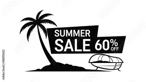 Summer sale advertisement with a palm tree beach chair and sixty percent off offer