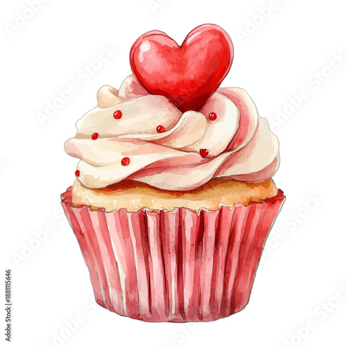 Delicious watercolor vanilla cupcake with red heart topping

