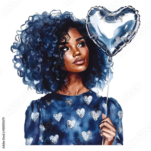 Beautiful African American woman with blue curly hair holding heart balloon
