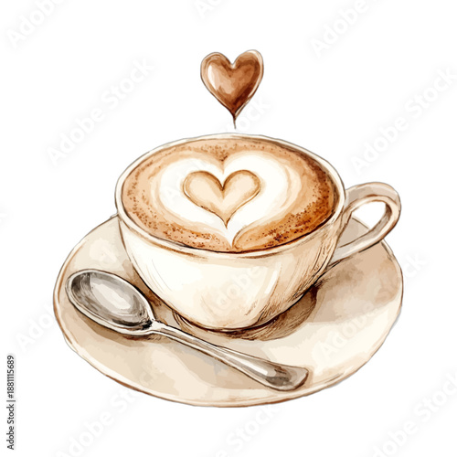 Watercolor coffee cup with heart shaped latte art and spoon
