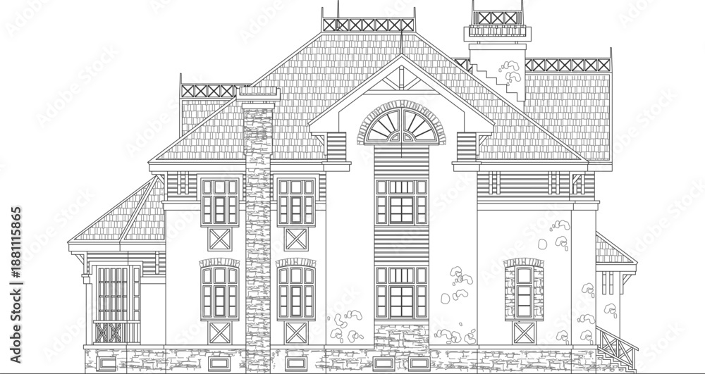 Obraz premium Classical manor house elevation vector. Features stone chimney, ornate gables, multi-pane windows, and detailed masonry foundation. Technical art.
