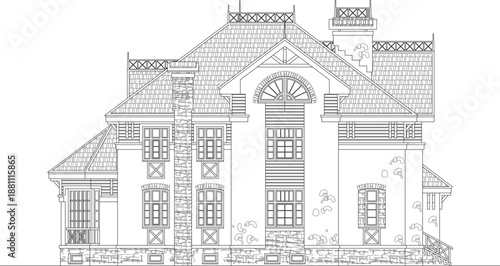 Classical manor house elevation vector. Features stone chimney, ornate gables, multi-pane windows, and detailed masonry foundation. Technical art.