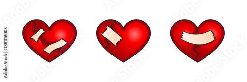 Set of Broken Heart Icons with Bandages and Plasters for Sadness or Healing Concept