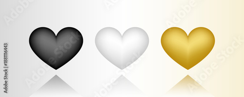 Luxury 3D Heart Collection in Black White and Gold with Reflection on Light Background