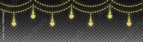 Golden Glowing Heart Garland Border with Hanging Neon Light Beads on Transparent Background