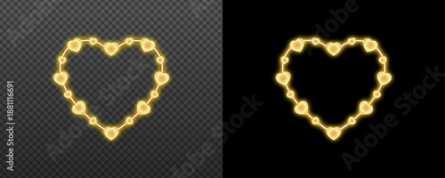 Glowing Gold Neon Heart Frame with Sparkling Light Effect on Transparent and Black Backgrounds