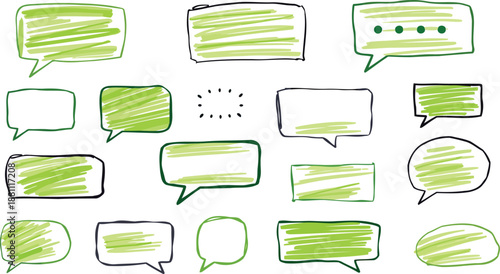 Collection of colorful vector speech bubble icons and empty paper stickers featuring blank message frames for web business design elements and illustration sign labels