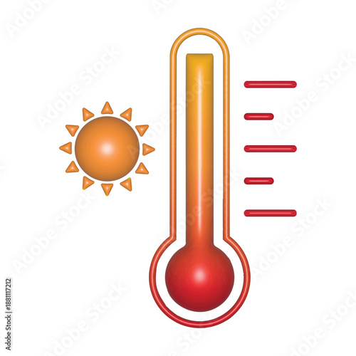 Glossy 3D red thermometer with sun vector. Hot temperature icon for summer weather. Symbol of heatwave, global warming, fever, climate change, meteorology and high celsius scale.