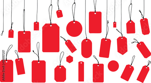 A collection of red and white price tags and blank paper labels featuring strings and retail icons for a business sale or shopping market design vector