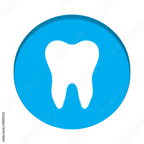 3D blue dental button vector. Round medical icon with white tooth symbol and dimensional edge. Stomatology sign for UI, dentist app interface, clinic website and healthcare design.