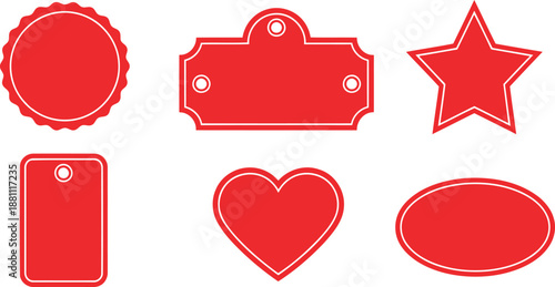 Set of red star icons, labels, and stickers featuring heart shapes and romantic ribbon banners for Valentine's Day celebration design and web card decoration