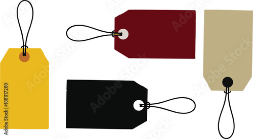 A set of blank cardboard price tags with strings includes empty paper labels and sale stickers for retail business marketing, shopping discounts, and gift messages in a professional market set
