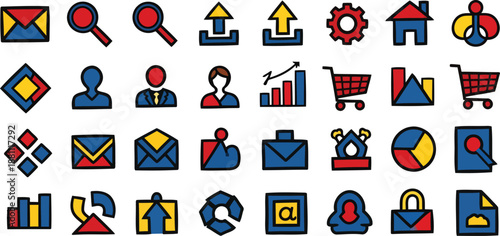 An abstract vector illustration set featuring a collection of flat symbols and design icons for web, business, and internet media applications