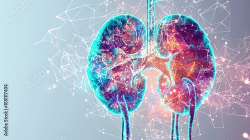 Visualization of glowing human kidneys with a complex network of luminous lines and structures. The construction of the anatomical organ of the human kidney.