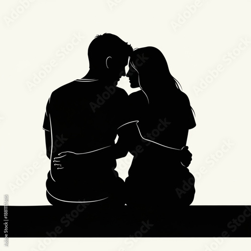 Silhouette of a romantic couple sitting together in love