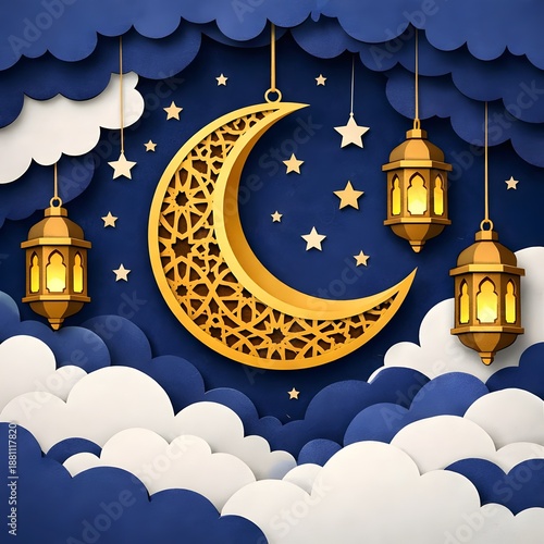 Ornate golden crescent moon hangs between glowing lanterns amidst a deep blue starry night sky with clouds