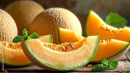 Wallpaper Mural Fresh cantaloupe slices with mint leaves on a rustic wooden table, ready to eat. Torontodigital.ca