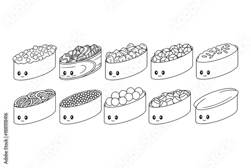 Ten charming sushi characters featuring different fillings like roe and corn in seaweed wraps.