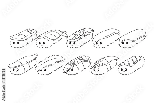 Ten cute, smiling nigiri sushi characters with various toppings arranged in two neat rows.