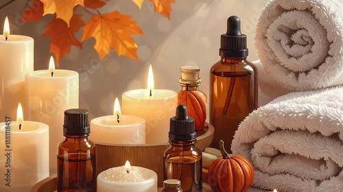 Wallpaper Mural Autumn spa day with candles, essential oils, and soft towels for relaxation. Torontodigital.ca