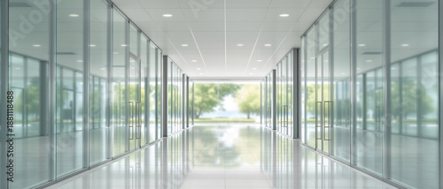 Modern empty white office interior with panoramic generic brand and city view. Spacious bright corporate hall with glossy floor and minimalist design for business background or architectural