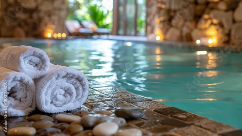 Wallpaper Mural Relaxing spa scene with rolled towels and smooth stones by the pool. Torontodigital.ca