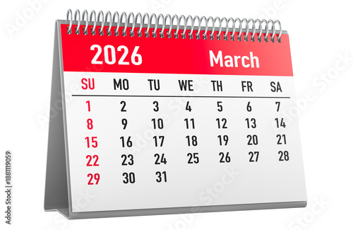 March 2026, desk calendar starting Sunday. 3D rendering