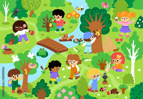 Vector Easter egg hunt background. Cute landscape with kids, trees, bushes, insects, colored eggs, basket, nature element. Woodland scene with children looking for eggs in forest
