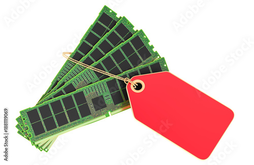 Foto RAM memory modules with price tag, cost concept. 3D rendering