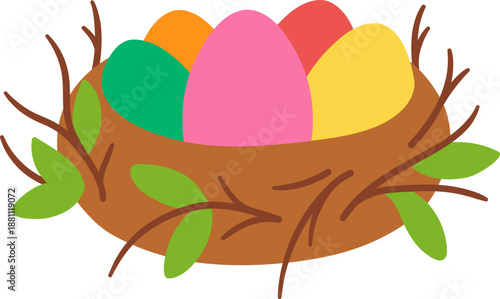 Vector nest with colored eggs. Farm or Easter village illustration isolated on white background. Cute spring holiday symbol clipart for kids
